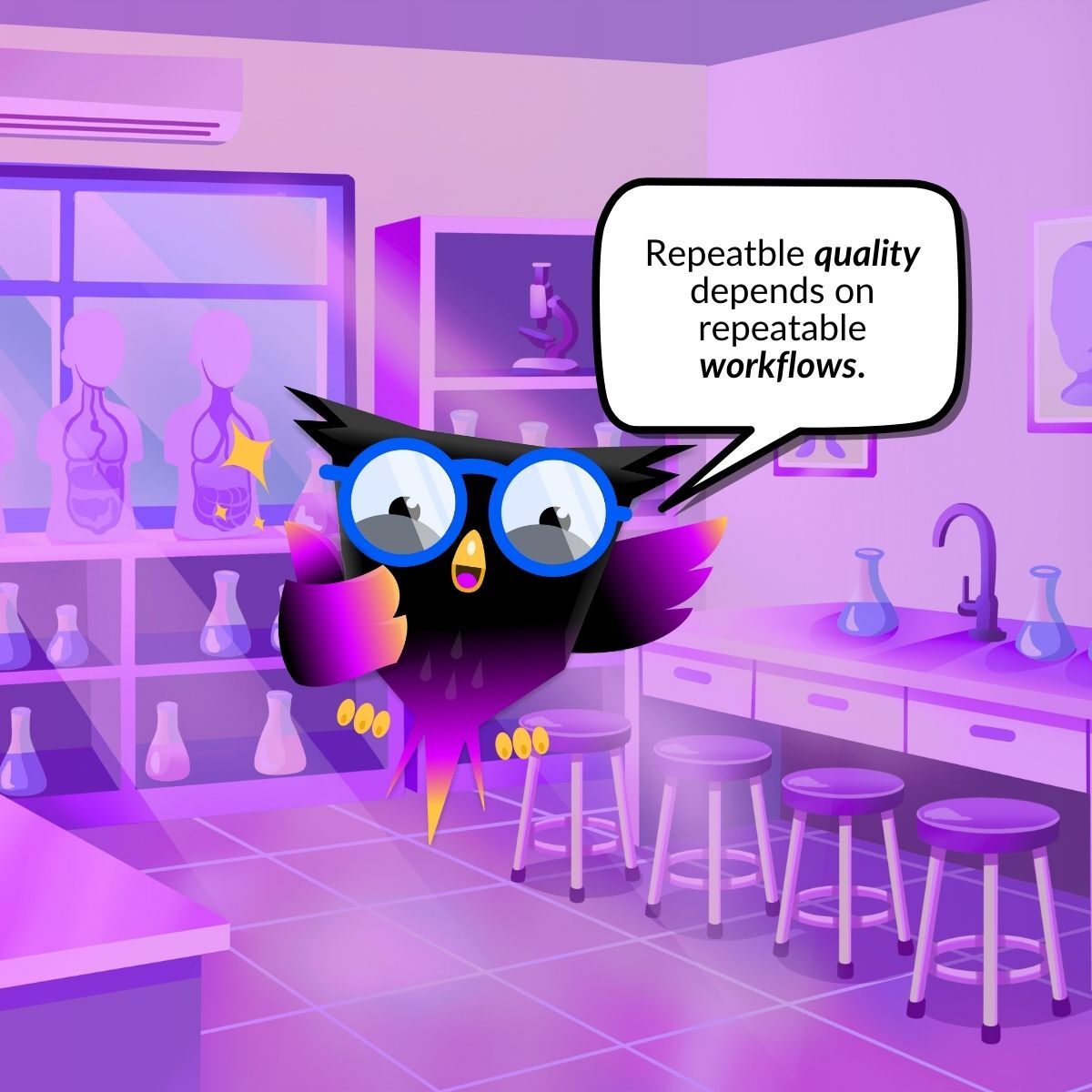 Loxo owl saying, "Repeatable quality depends on repeatable workflows!" in a lab setting